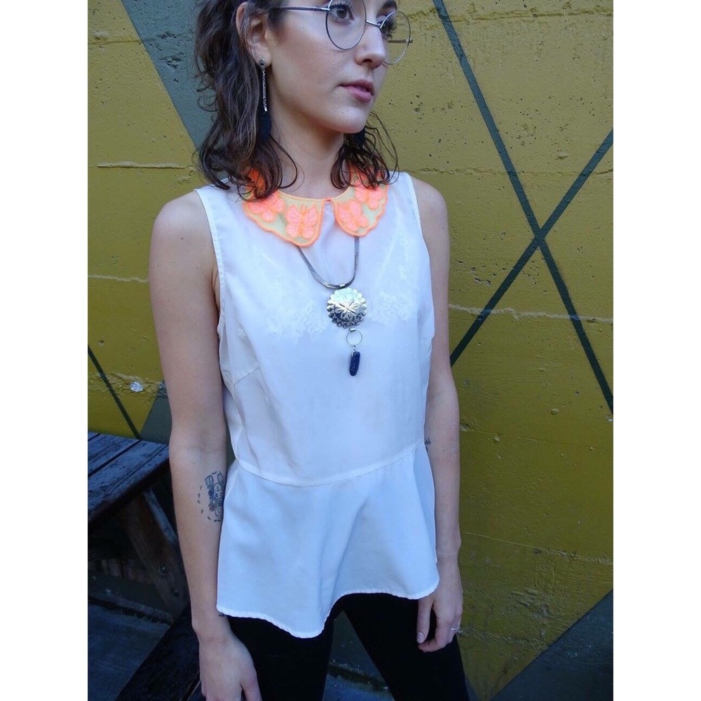 Butterfly Embroidered Collared Peplum Top